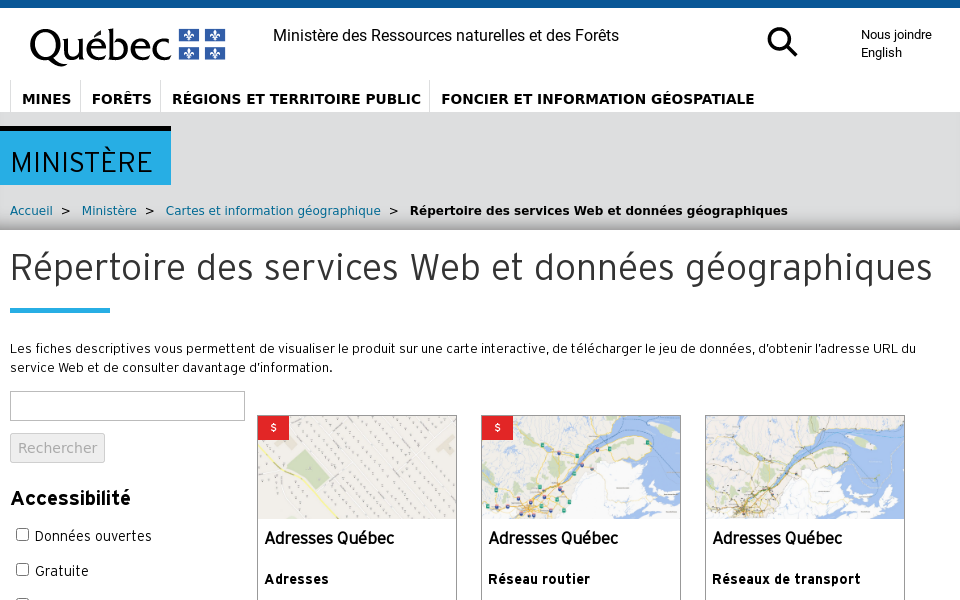 mrnf.gouv.qc.ca/ministere/cartes-information-geographique/repertoire-services-web-donnees-geographiques/ screen capture
