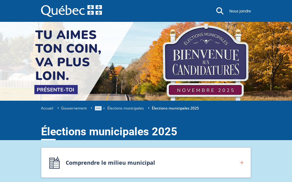 www.quebec.ca/gouvernement/gestion-municipale/organisation-municipale/democratie-municipale/elections-municipales/elections-2025 screen capture