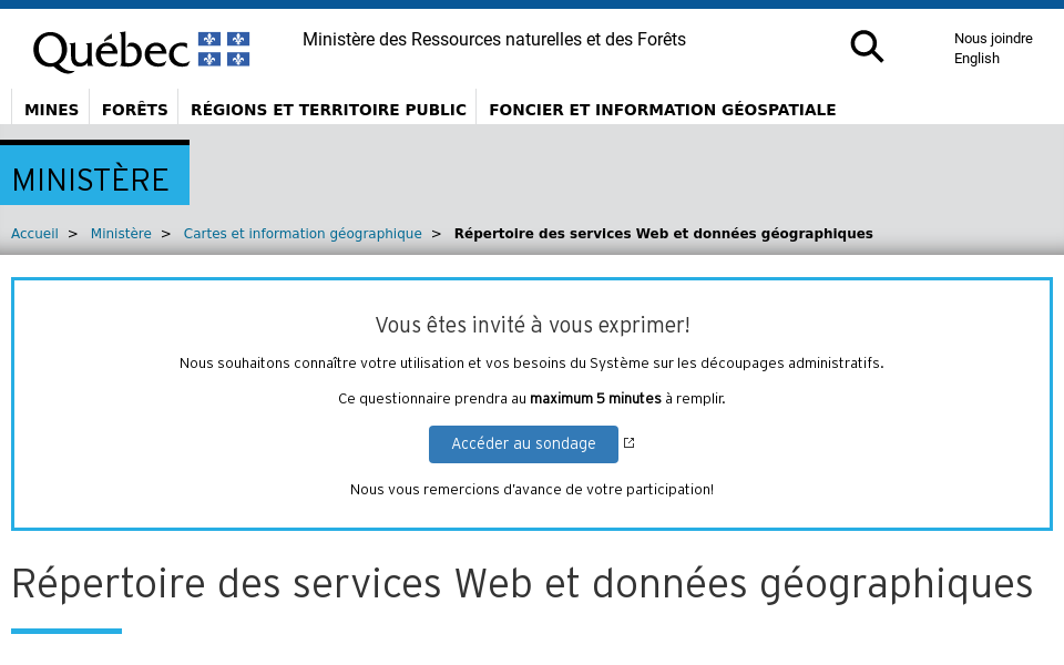 mrnf.gouv.qc.ca/ministere/cartes-information-geographique/repertoire-services-web-donnees-geographiques/ screen capture